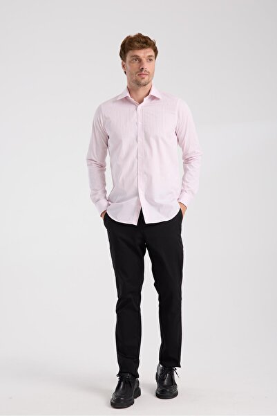 Abbate AClub Aclub Ac10081 Twill Cotton Slim Fit Pink Classic Collar Men's Striped Shirt