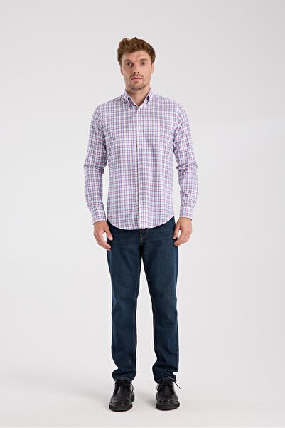 Abbate AClub Aclub Ac10083 Oxford Cotton Blend Slim Fit Red Button Collar Men's Checkered Shirt