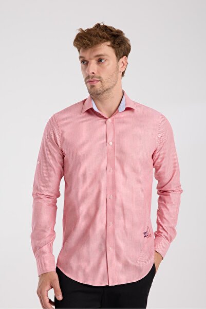 Abbate AClub Aclub Ac10073 Poplin Cotton Slim Fit Red Button-Down Collar Men's Checkered Shirt