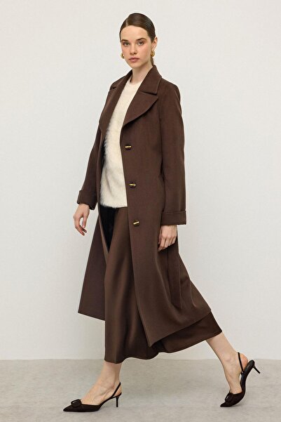 Olcay Herringbone Jacquard Patterned Waist-Tied Limited Edition Coat Brown 3136