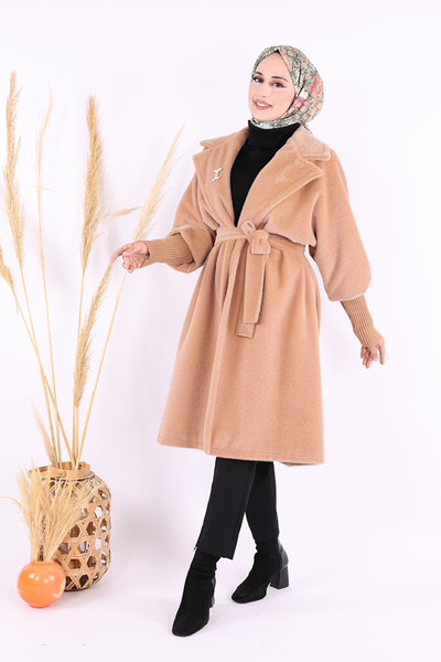 Bym Fashion Mink Coat 7874 - with Waist Belt and Stone Bronch Detail