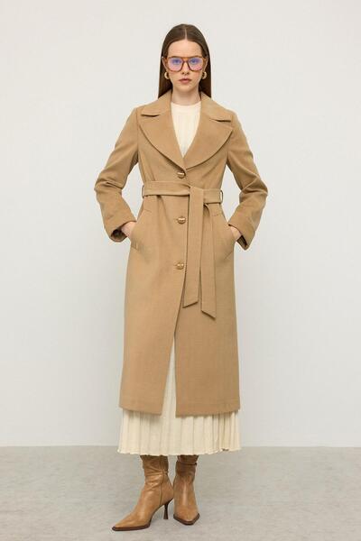 Olcay Herringbone Jacquard Patterned Waist-Tied Limited Edition Coat Kamel 3136