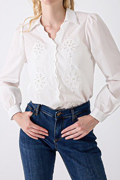 fumel women's clothing Cămașă vintage de damă cu broderie albă cu perle