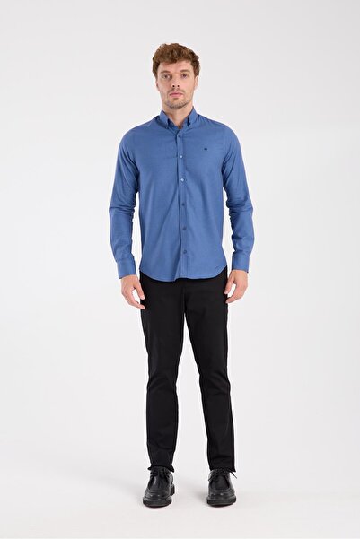 Abbate AClub AClub AC10071 Армур Стретч Бавовняна суміш Слім-фіт Темно-синій Комір на ґудзиках Чоловіча сорочка з візерунком