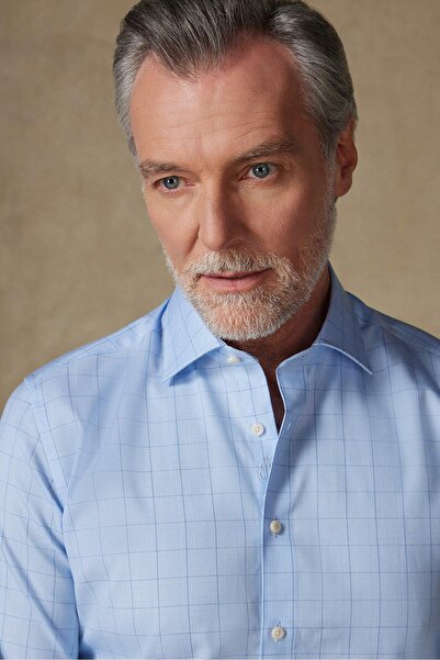 Abbate Донатело Поплин Памук Слим Фит Светлосиня Класическа Яка Мъжка Карирана Риза