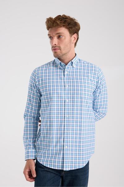 Abbate AClub Aclub Ac10083 Oxford Cotton Blend Slim Fit Turquoise Button-Down Collar Men's Checkered Shirt
