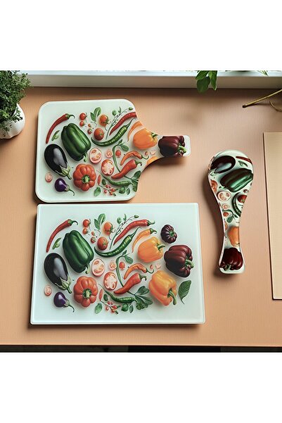 Online Home Market مجموعة من 3 ألواح تقطيع من الزجاج المقسى للخضروات والفواكه (لوح تقطيع رباعي الأضلاع مع مقبض، تحت الشوكة)