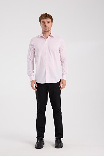 Abbate AClub Aclub Ac10081 Twill Cotton Slim Fit Pink Classic Collar Men's Striped Shirt