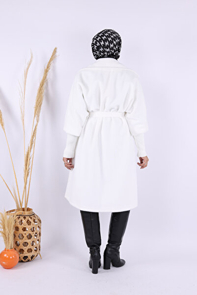 Bym Fashion Ecru Coat 7874 - Stone Detailed Waist Belted Collar