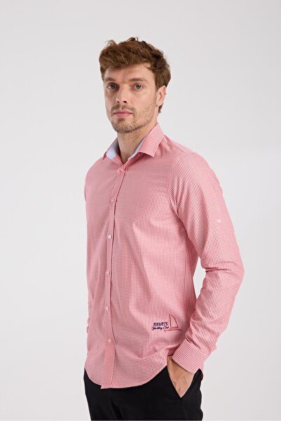 Abbate AClub Aclub Ac10073 Poplin Cotton Slim Fit Red Button-Down Collar Men's Checkered Shirt