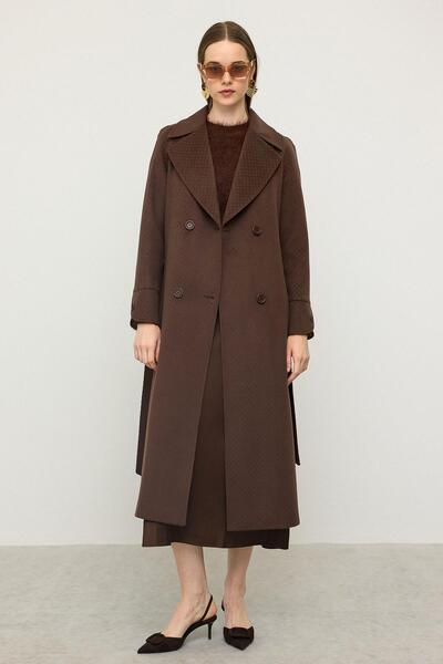 Olcay Reglan Sleeve Cape Detailed Self Patterned Limited Edition Coat Brown 3141