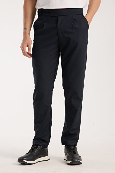 muzzo jeans High Waist Pleated Dark Navy Blue Fabric Trousers