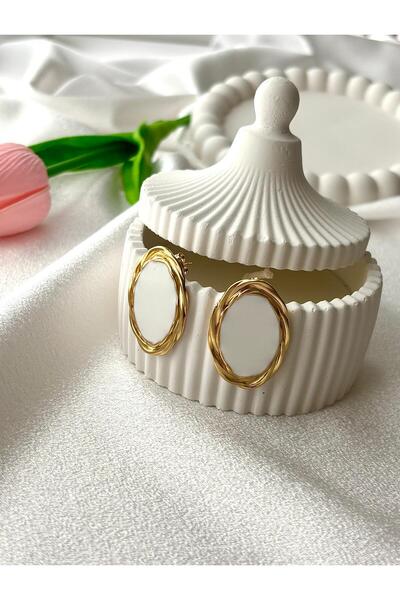 GORALİS JEWELRY Beyaz Mineli Burgu Detaylı Oval Küpe