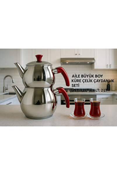 Oniks Çeyizlik Büyük Boy Çelik Çaydanlık Seti Aile Boyu 1.2 Lt + 2 Lt Kapasit...