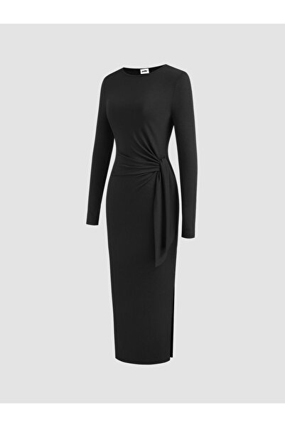 peelter Kadın Siyah Yandan Bel Bağlamalı Uzun Elbise