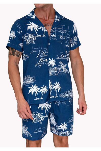 Exve Exclusive Blue Palm Tree Relaxed Fit Short Sleeve Loose Lapel Collar Summer Shirt Shorts Set