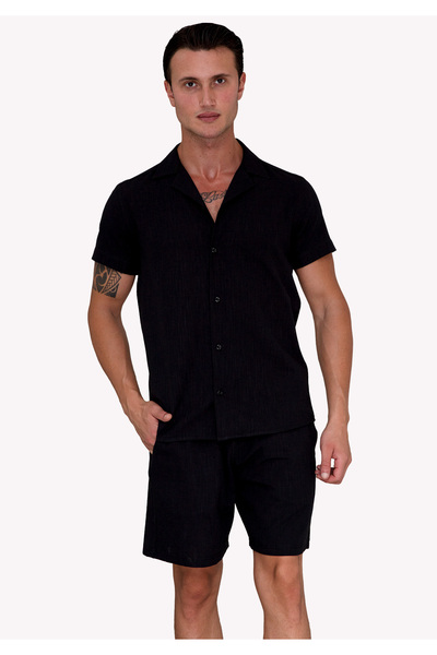 Exve Exclusive Black Linen Relaxed Fit Short Sleeve Loose Lapel Collar Summer Shirt Shorts Set