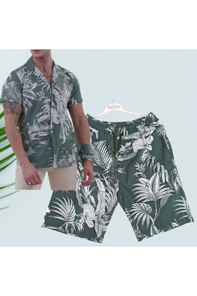 Exve Exclusive Green Hawaiian Relaxed Fit Short Sleeve Loose Lapel Collar Summer Shirt Shorts Set