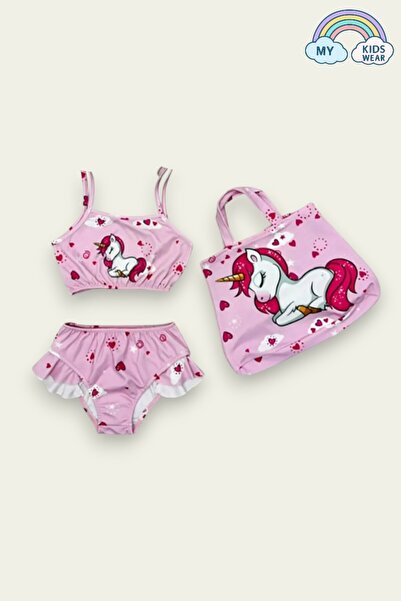 My Kids Wear طقم بيكيني مكشكش للفتيات مع حقيبة وملابس سباحة للبنات مطبوعة