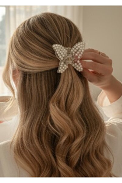 bonbela İnci Süslemeli Şeffaf Kelebek Mandal Toka