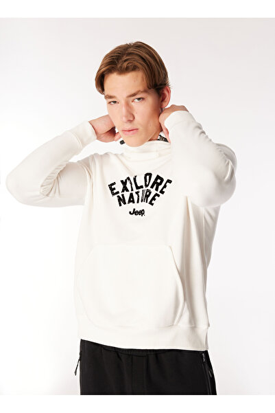 Jeep Relaxed Çıkarılabilir Kapüşonlu Baskılı Ekru Erkek Sweatshirt C4WM-SWT4267