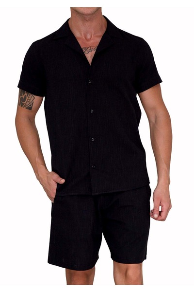 Exve Exclusive Black Linen Relaxed Fit Short Sleeve Loose Lapel Collar Summer Shirt Shorts Set