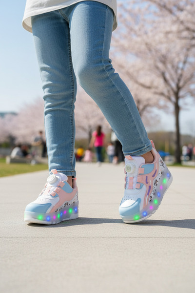 WALKWAY Nils F Pudra Ortopedik Patenli Işıklı Çocuk Spor Ayakkabı DAR KALIP