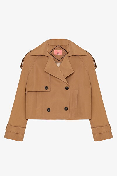 Quzu Embroidery Detailed Crop Trench Coat Jacket Beige