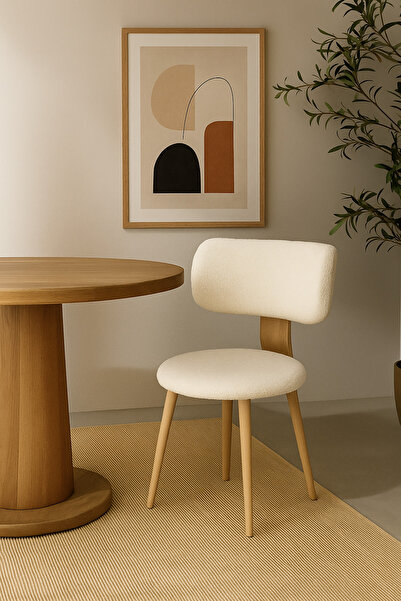 own home Modern Geniş Oturumlu Teddy Kumaşlı Sandalye, Ahşap Ayaklı Şık Salon Mutfak Balkon Sandalyesi