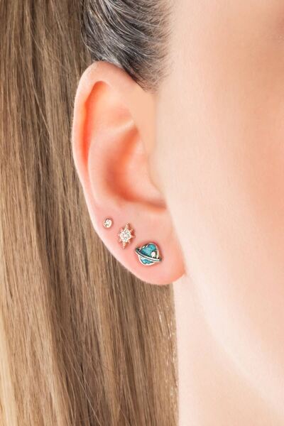 So CHIC... Satürn Yıldız Figürlü Taşlı 18 Ayar Rose Altın Kaplama Gümüş Üçlü Kombin Küpe Seti