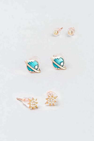 So CHIC... Satürn Yıldız Figürlü Taşlı 18 Ayar Rose Altın Kaplama Gümüş Üçlü Kombin Küpe Seti