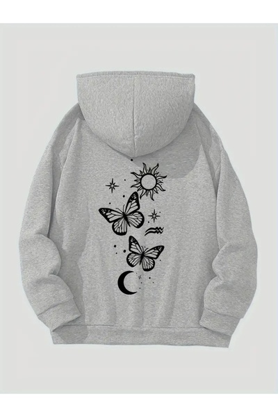 FUFLUNS Oversize Unisex Hooded Sweatshirt with Butterfly Sun and Moon Print