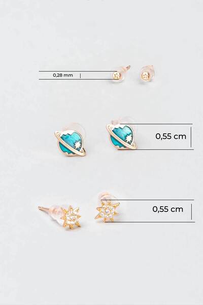 So CHIC... Satürn Yıldız Figürlü Taşlı 18 Ayar Rose Altın Kaplama Gümüş Üçlü Kombin Küpe Seti