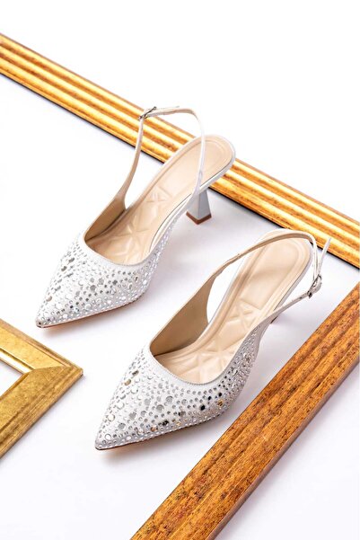 v.s.h velvet Women's Stone Detailed Evening Dress Pointed Toe Open Back 7cm Heels