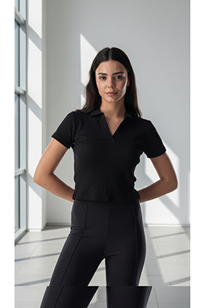 Mood Lab تي شيرت نسائي بياقة بولو أسود اللون بأكمام قصيرة