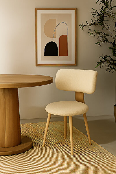 own home Modern Geniş Oturumlu Teddy Kumaşlı Sandalye, Ahşap Ayaklı Şık Salon Mutfak Balkon Sandalyesi