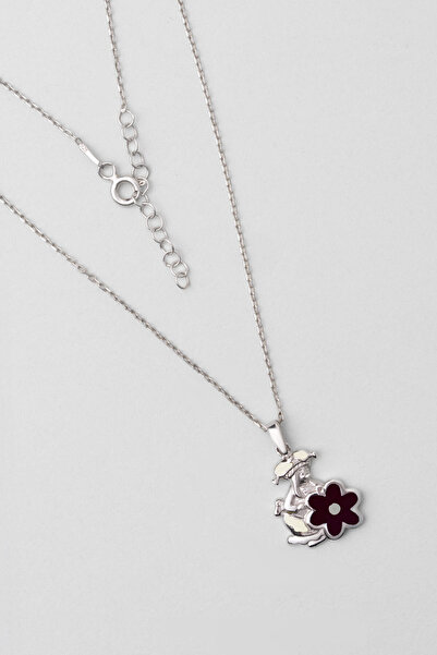 So CHIC... Siyah Çiçek 18 Ayar Beyaz Altın Kaplama 33 Cm Gümüş Çocuk Kolye