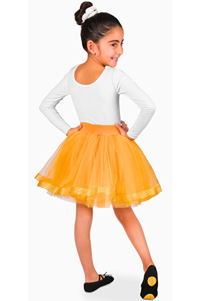 LULLY KİDS Kız Çocuk Altın Sarı Organze Çizgili Kurdaleli 4 Kat Tül Tütü Etek