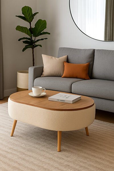 own home Luno Orta Sehpa, Teddy Kumaş Kaplamalı Ahşap Ayaklı Yuvarlak Orta Sehpa, Modern Orta Sehpa