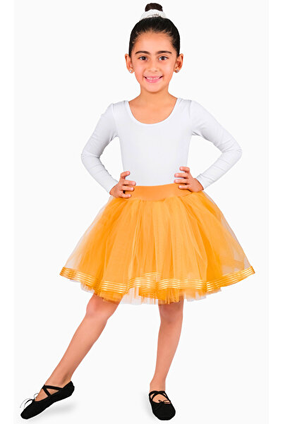 LULLY KİDS Kız Çocuk Altın Sarı Organze Çizgili Kurdaleli 4 Kat Tül Tütü Etek