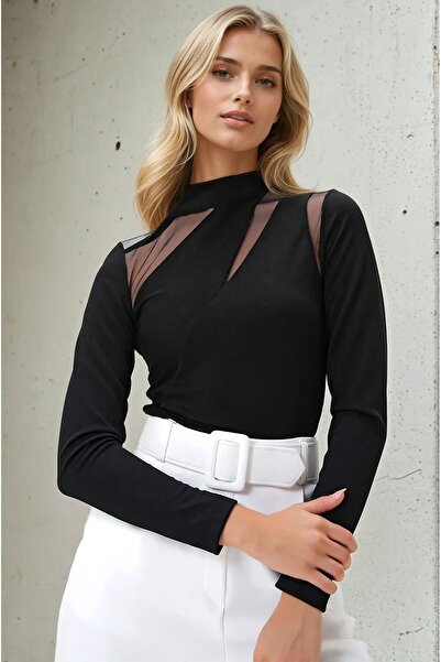 OLSAMODA Ελαστικό πλεκτό ύφασμα - Γυναικεία μπλούζα με μισό ζιβάγκο και γαρνιτούρα από τούλι