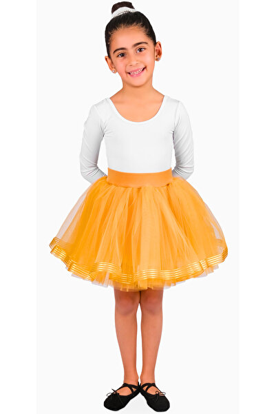 LULLY KİDS Kız Çocuk Altın Sarı Organze Çizgili Kurdaleli 4 Kat Tül Tütü Etek