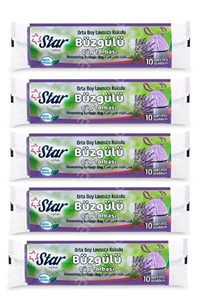 Owersea Star Büzgülü Çöp Torbası / Poşeti - Orta Boy 55x60 - Lavanta Kokulu - 5 Rulo = 50' Li