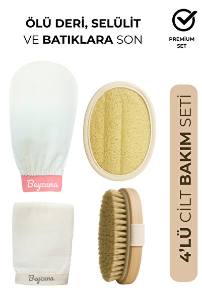 BEYZANA 4 Lü Premium Cilt Sağlık Seti Doğal At kılı Lif Kabağı Kesesi ve İpek Floş Yüz ve Vücut Kesesi