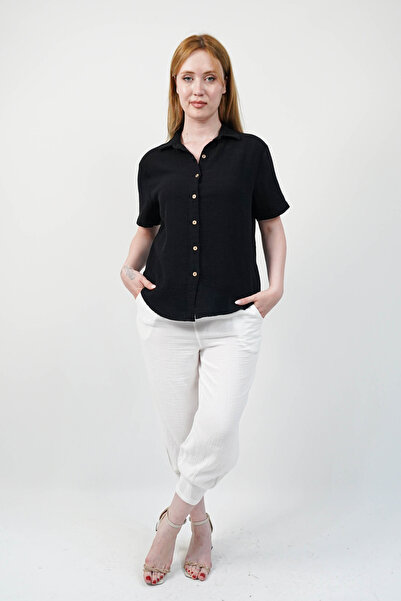 SİDE OTANTİK Kadın Muslin Kısa Kollu Nefes Alan Siyah Gömlek