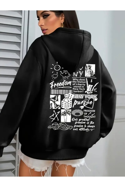 FUFLUNS سويت شيرت بقلنسوة مطبوع عليه رسومات FREEDOM للجنسين