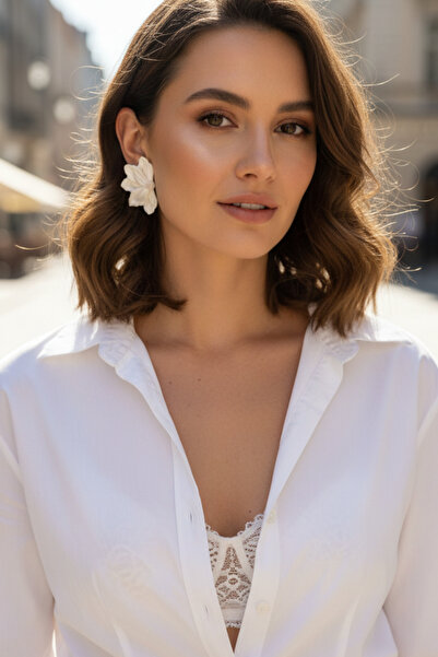 BeuBella Aksesuar Sedefli Beyaz Çiçek Küpe – El Yapımı Polimer Kil – Antialer...