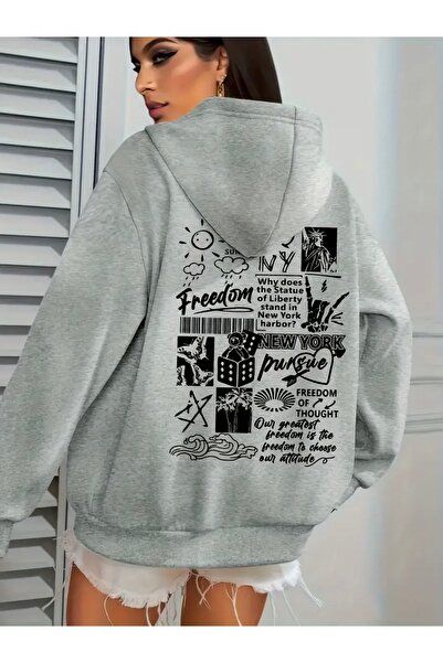 FUFLUNS سويت شيرت بقلنسوة مطبوع عليه رسومات FREEDOM للجنسين