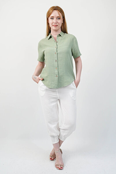 SİDE OTANTİK Cămașă verde cu mânecă scurtă din muselină pentru femei