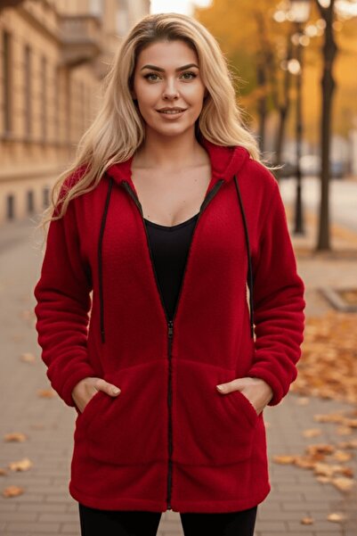 Azıcık Akıllı Női piros plüss vastag cipzáras kapucnis kabát zsebekkel 23KCKTMY50